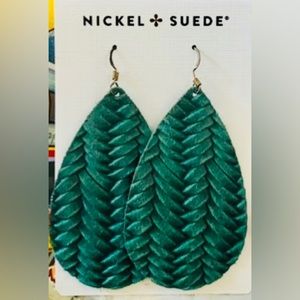 Nickel & Suede medium green evergreen knit  Tear Drop Leather Earrings NWT